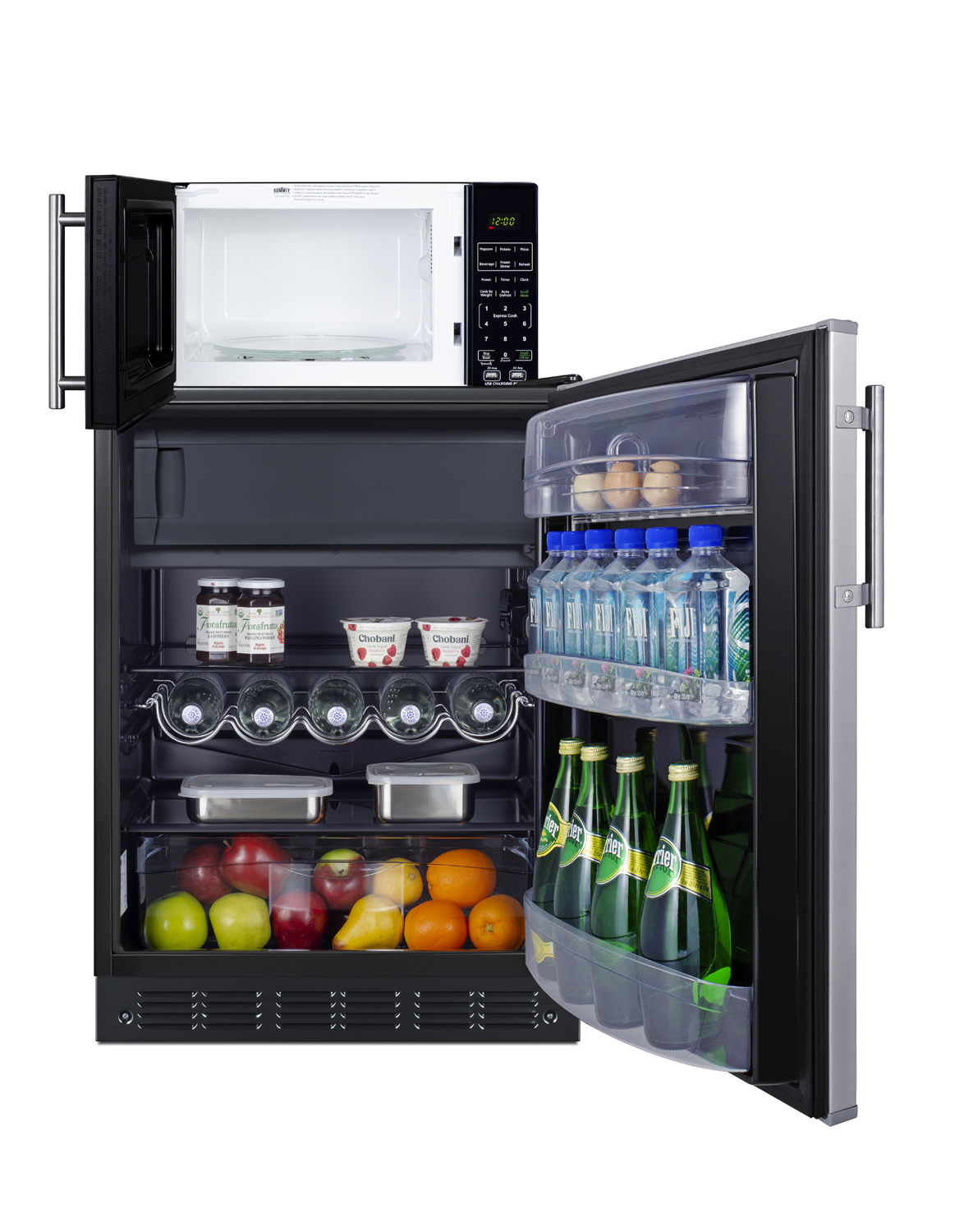 Counter height refrigerator-freezer with stainless steel door and compact microwave in black with allocator and USB ports for 1-plug operation; ships in three boxes on one pallet